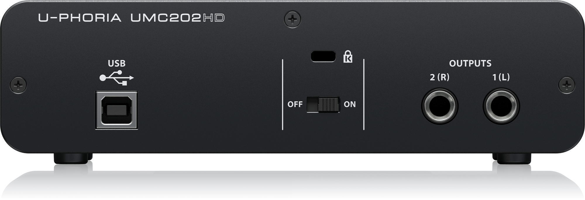 UMC202HD背面。USB Type-B、ファンタム電源切替、1(L)・2(R)のライン出力が見える公式写真。
