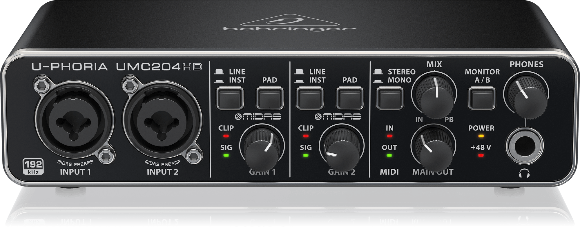 UMC204HDの公式正面上方写真。全体の形と前面のMIX・MONITOR A/B・PHONESを確認できます。