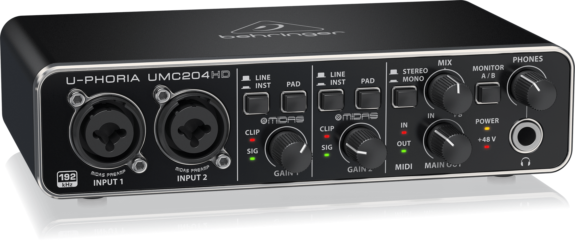 UMC204HDの公式左斜め写真。Midasプリアンプ表記と入力ごとの切替・SIG/CLIPが見えます。