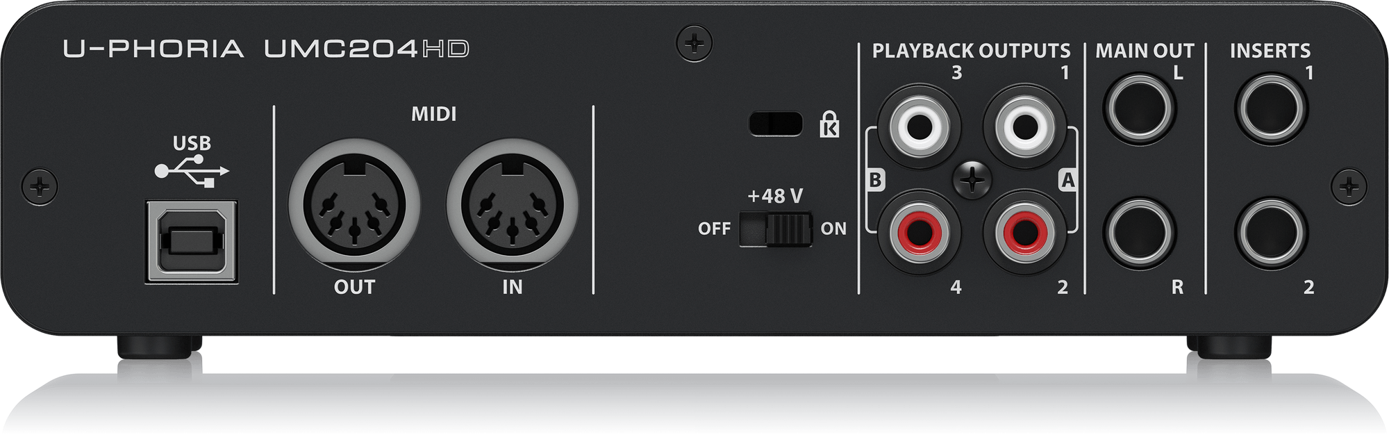 UMC204HDの公式背面写真。USB、MIDI、+48V、RCA再生出力、MAIN OUT、INSERTSの役割が記されています。