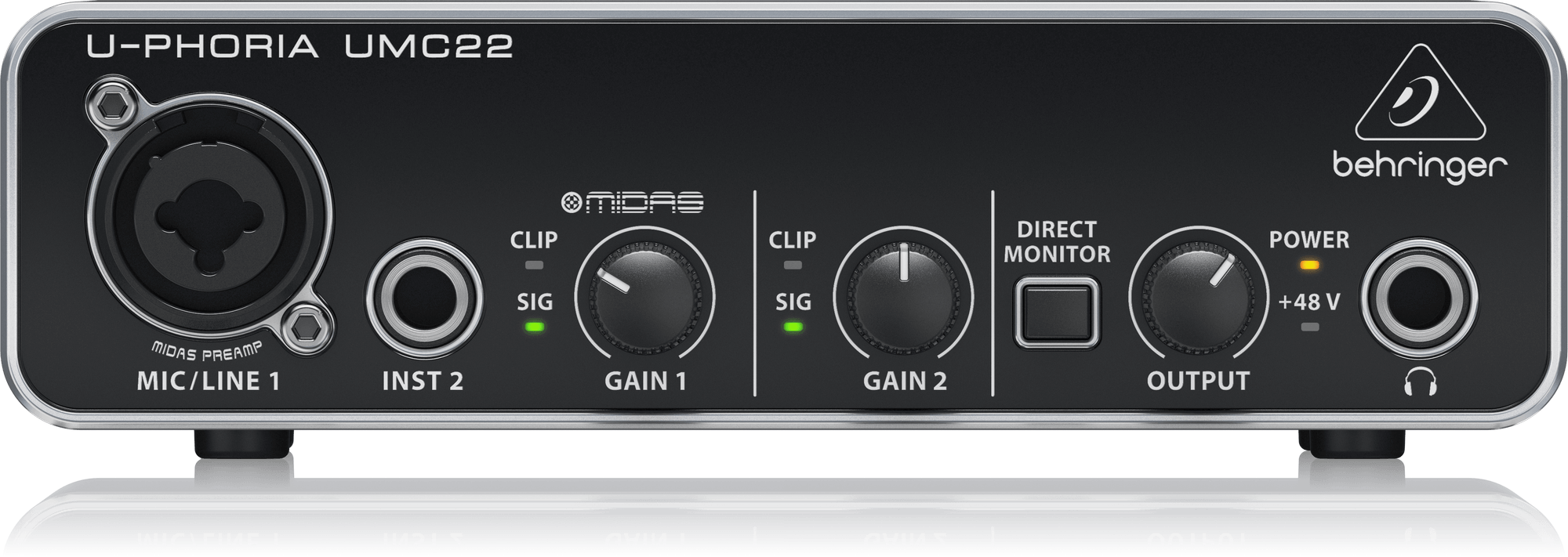 UMC22正面。MIC/LINE 1とINST 2、2つのGAIN、DIRECT MONITOR、OUTPUTが見える公式写真。