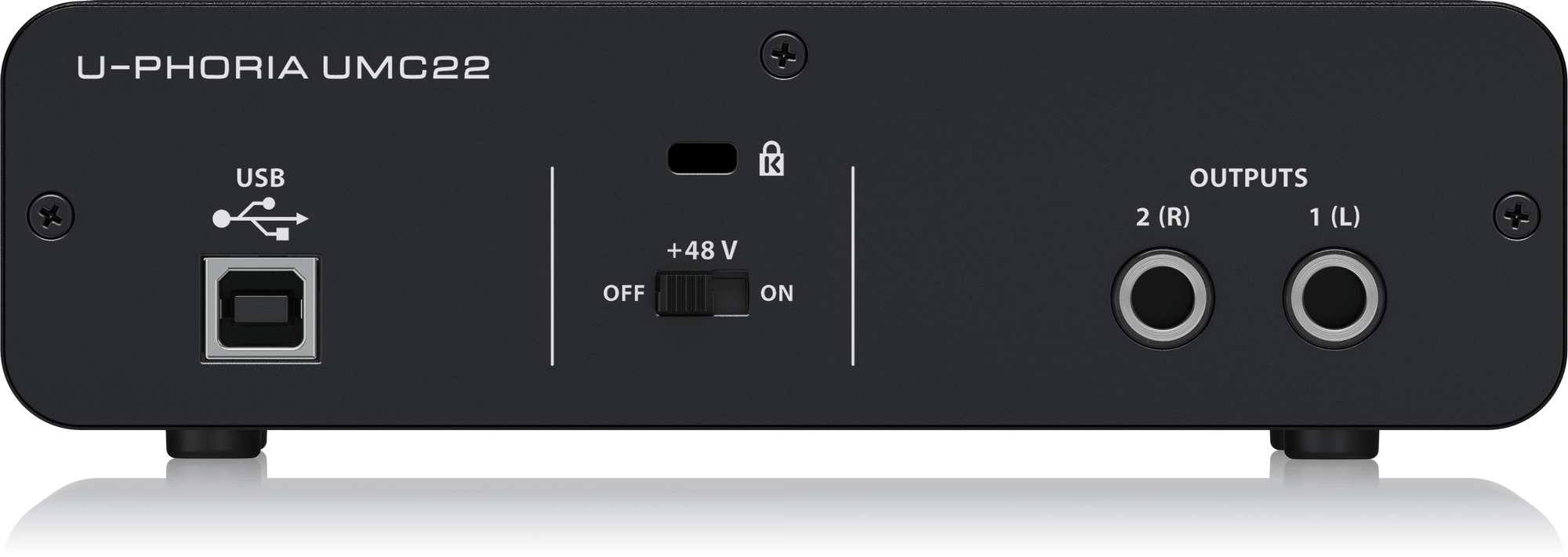 UMC22背面。USB Type-B、+48Vスイッチ、1(L)・2(R)の出力が見える公式写真。