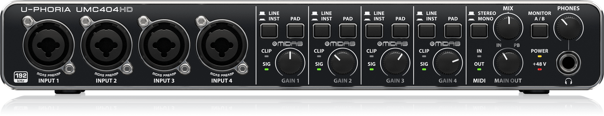 UMC404HD正面のメーカー商品写真。INPUT1〜4と各GAIN、LINE/INST・PAD、右側の監視操作が見えます。