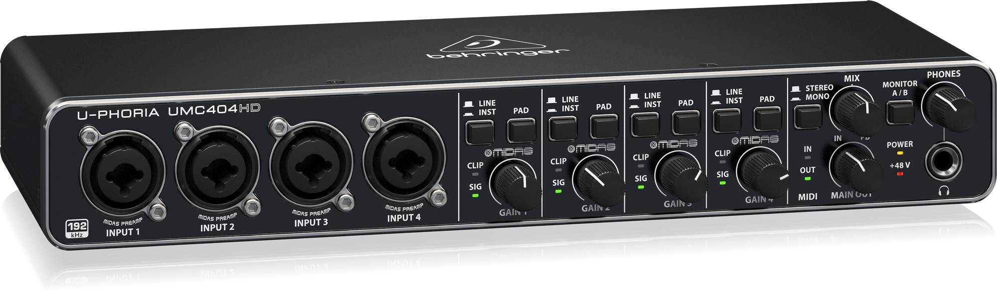 UMC404HD左斜め。入力番号と4つのGAIN・SIG/CLIP表示の対応を確認できます。