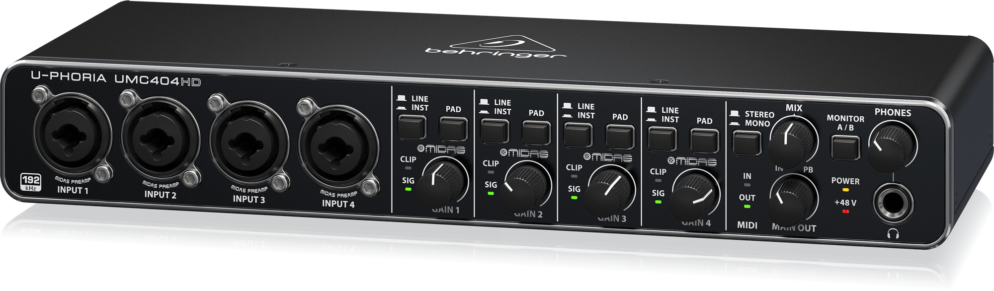 UMC404HD右斜め。MIX・STEREO/MONO・MONITOR A/B・PHONESとMAIN OUTの位置が分かります。