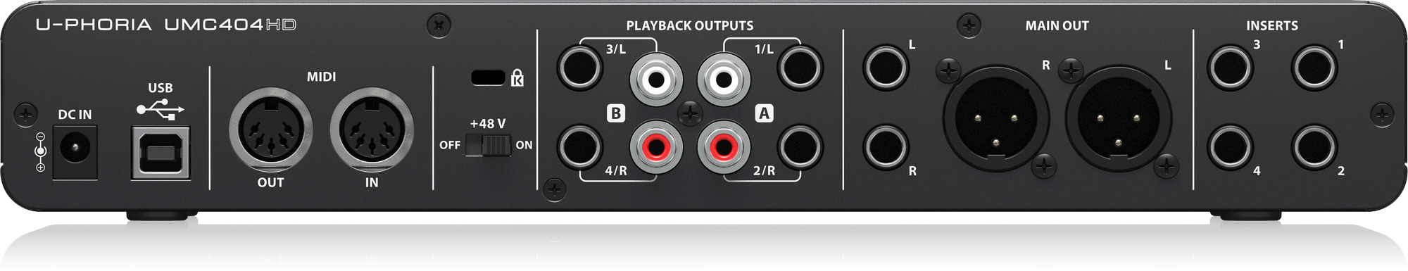 UMC404HD背面。DC IN・USB・MIDI・+48V、PLAYBACK OUTPUTS、MAIN OUT、INSERTS1〜4が並びます。