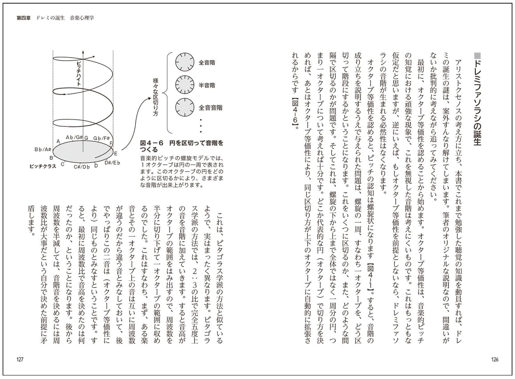 「脳と音楽」126～127ページの公開見本。音の高さをらせんと円で表す図と縦書きの説明が並ぶ
