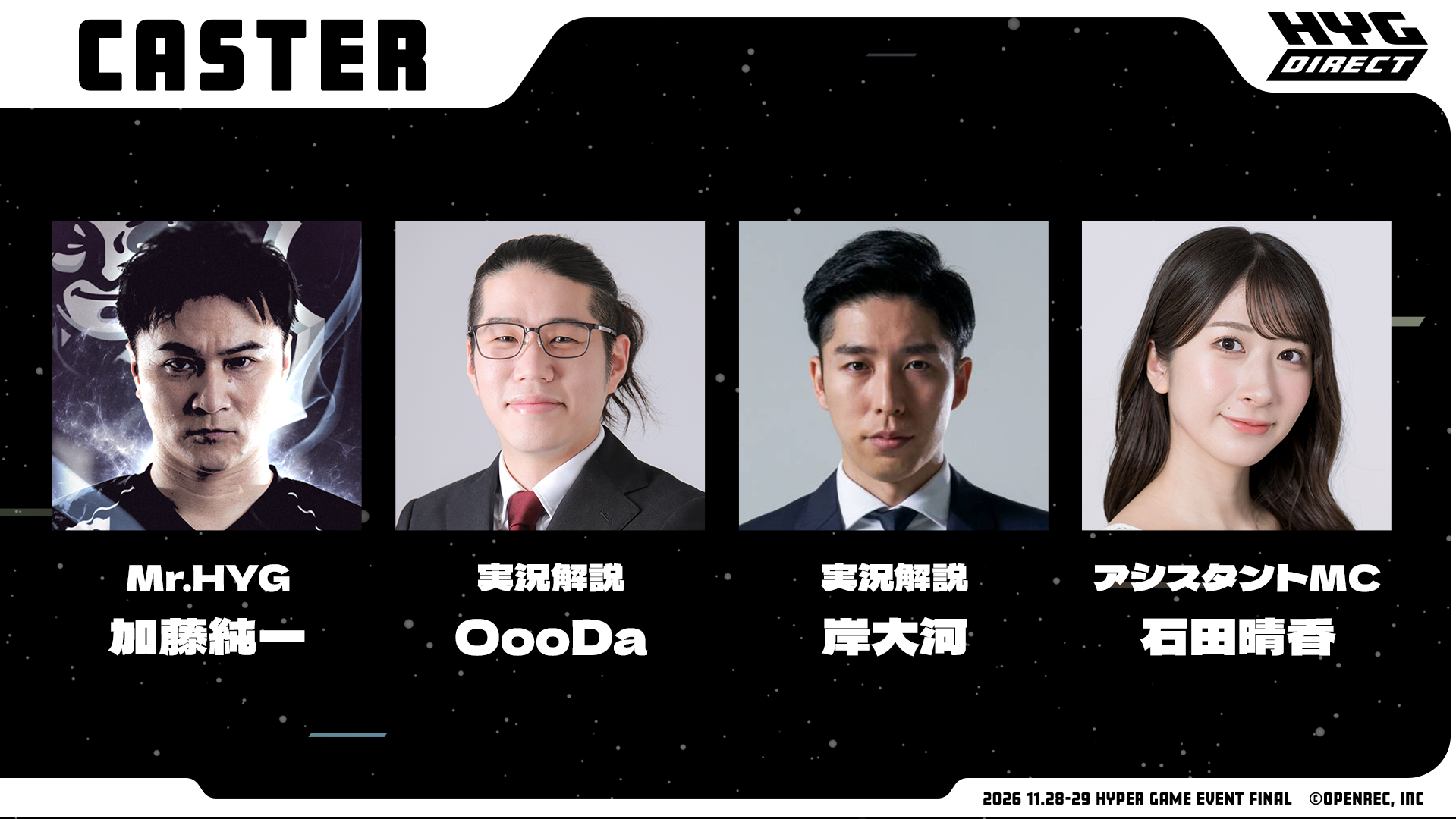 7月21日の発表時点のMC・実況陣4名を掲載した公式画像。