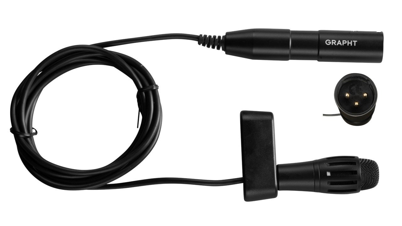 GRAPHT Compact-Mic XLR Streamer Edition黒色モデルと一体型ケーブル、XLR端子のメーカー画像