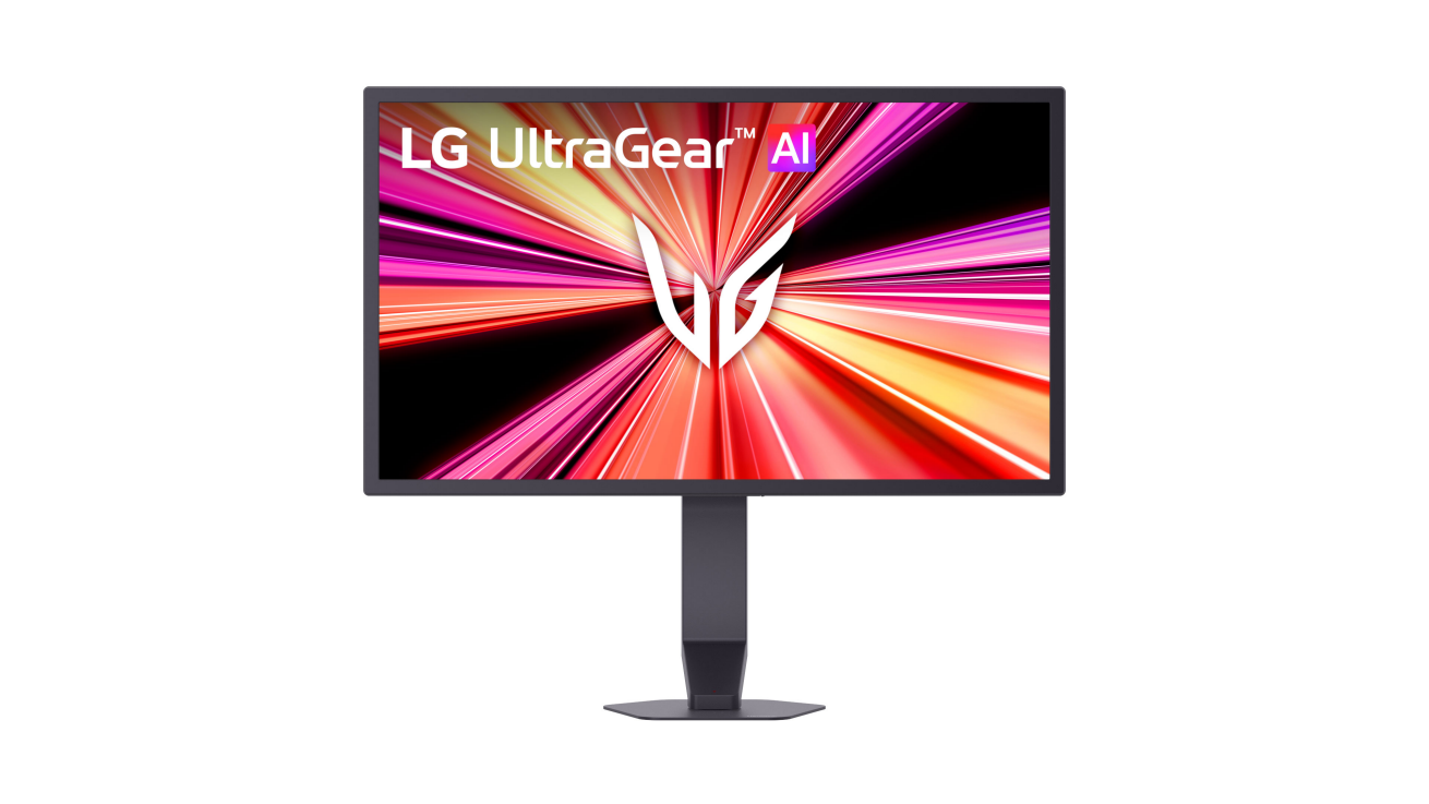 LG UltraGear AI 25G590B-Bの公式正面イメージ。細い画面枠、支柱と台座が見える。