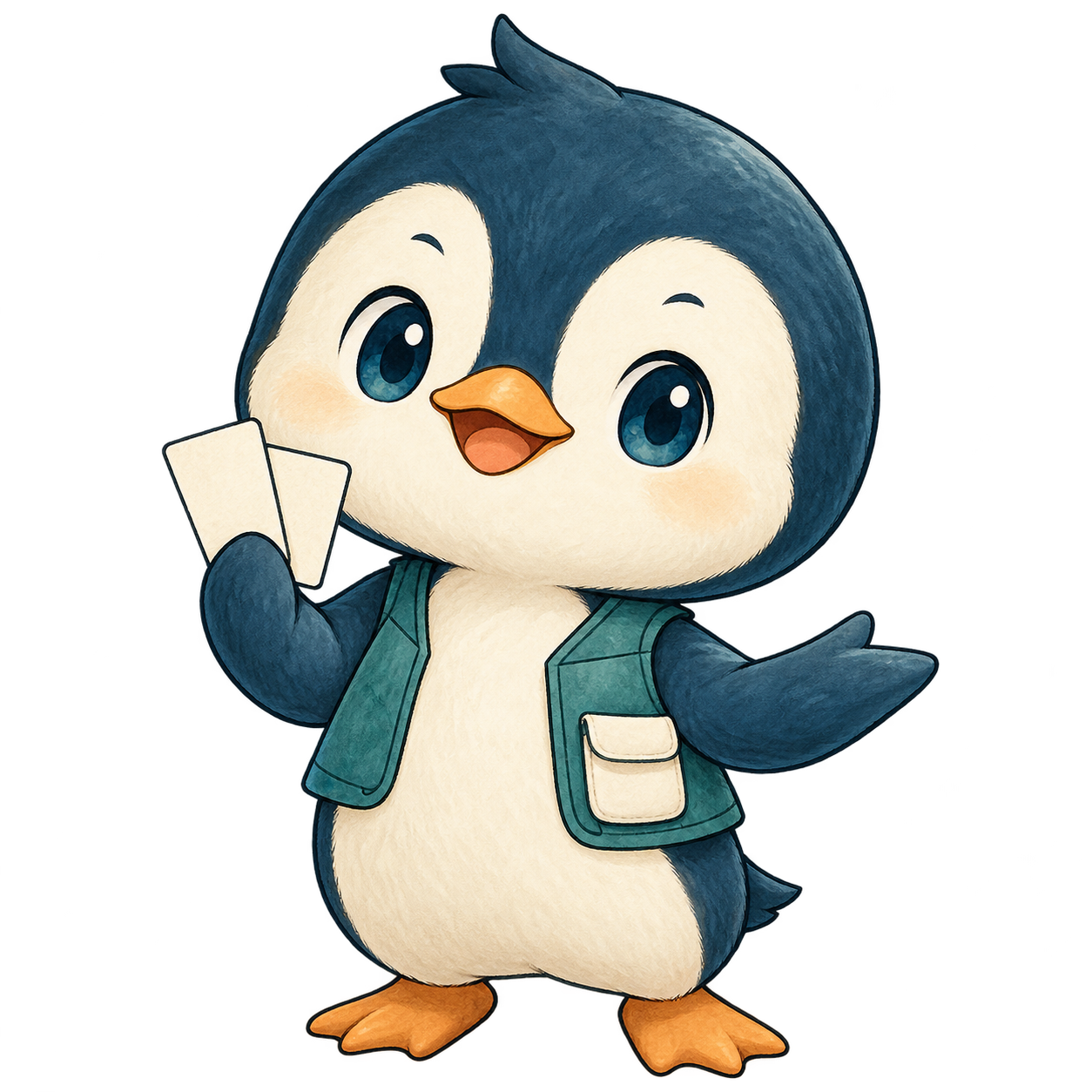 使い方補足役リンク。カードを持った青色のペンギンのオリジナル案内キャラクター。