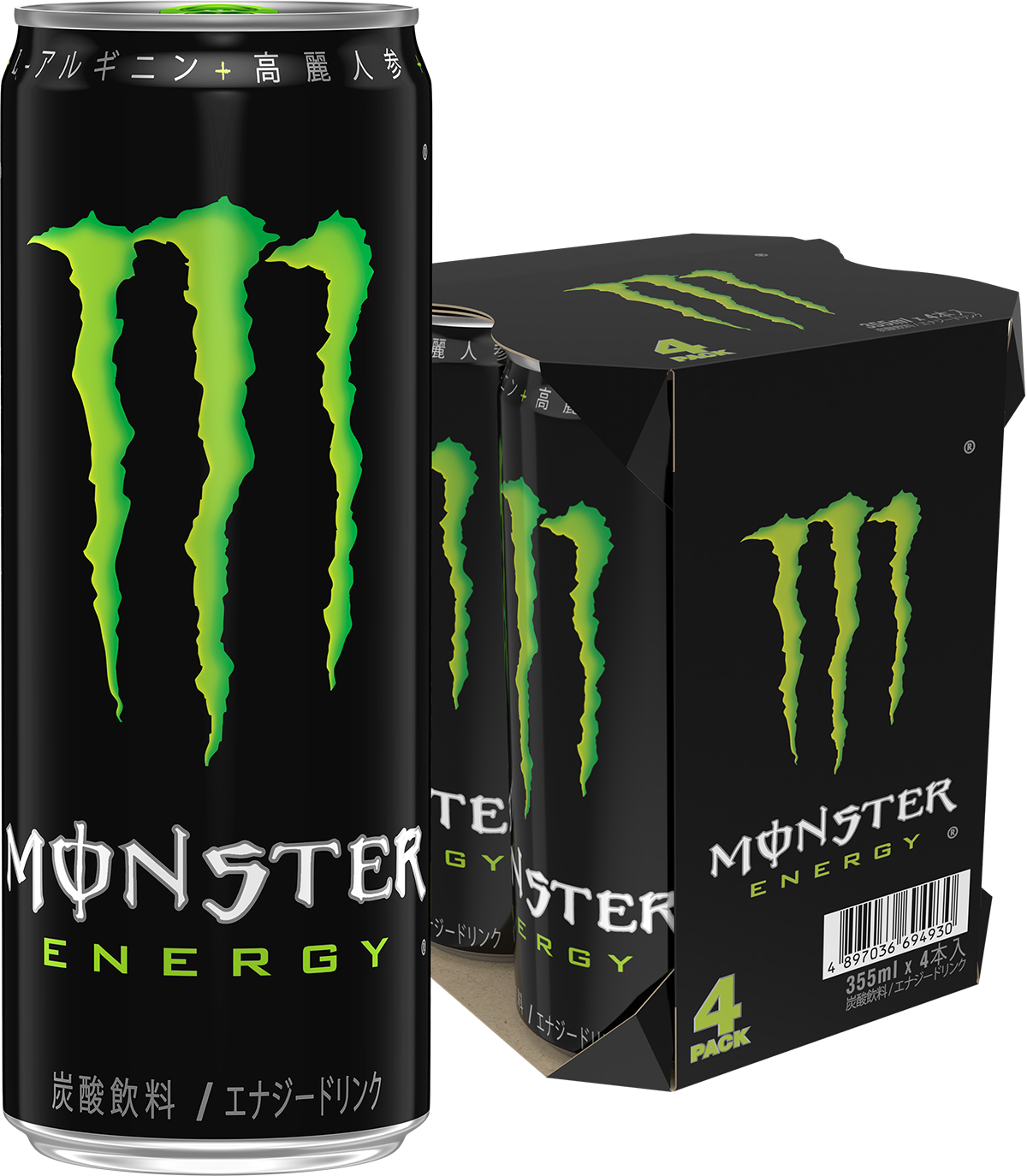黒と緑のモンスターエナジー缶と、355ml×4本入りのマルチパックの商品画像。