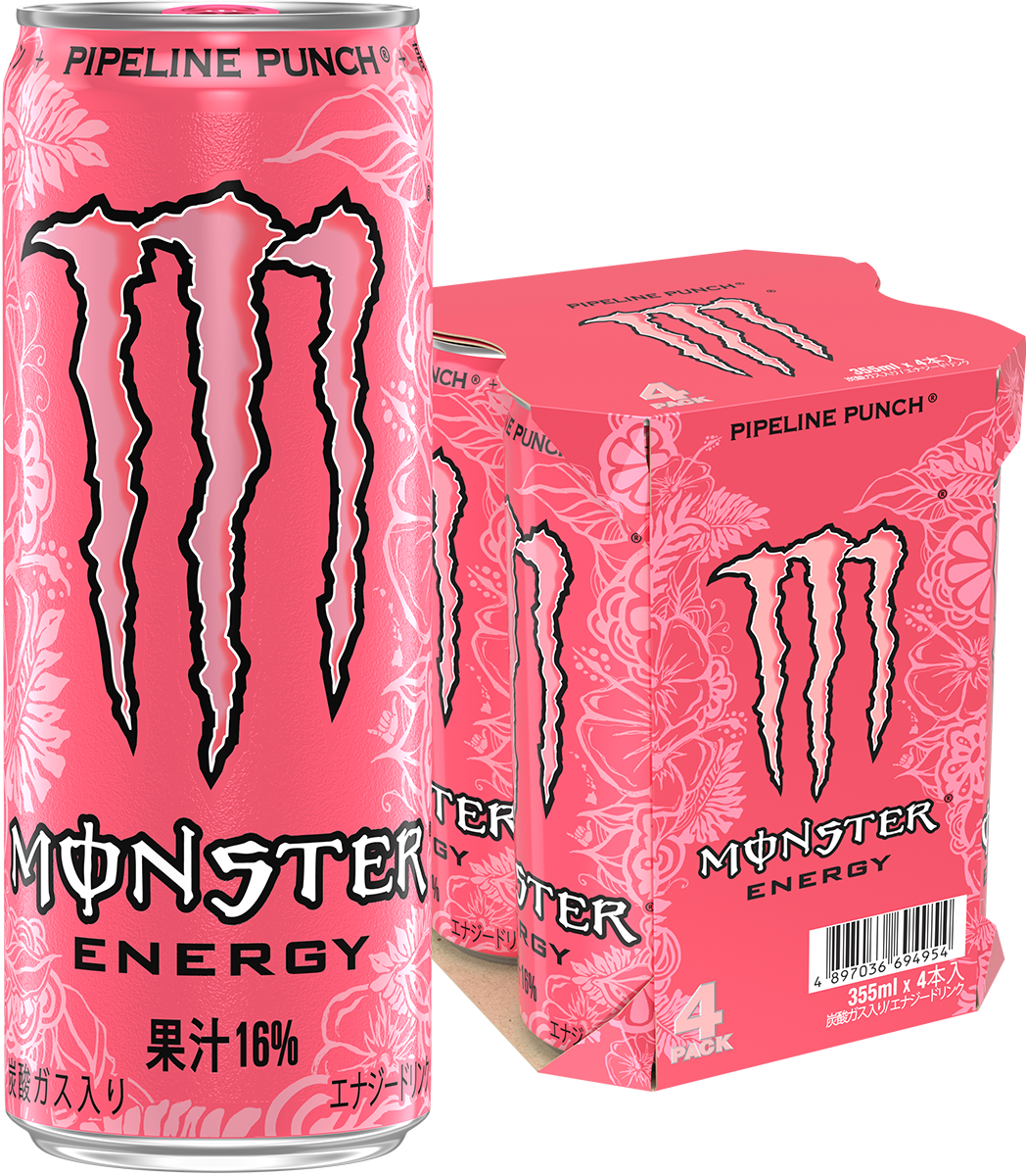 ピンクのモンスター パイプラインパンチ缶と、355ml×4本入りマルチパックの商品画像。