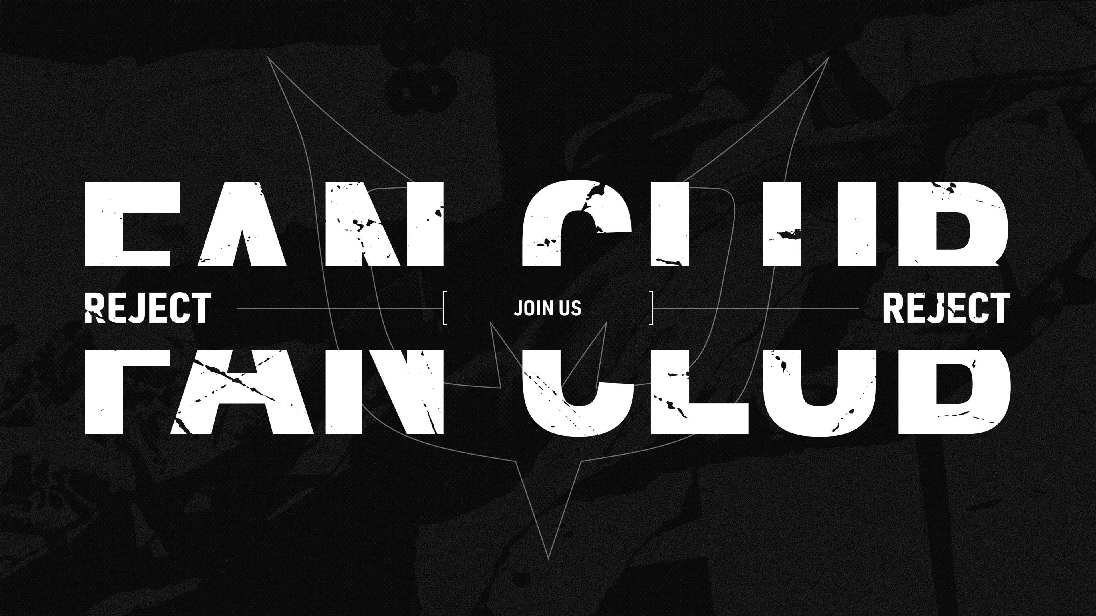 黒い背景にREJECTとFAN CLUB、JOIN USを配置した公式ファンクラブ開始ビジュアル。