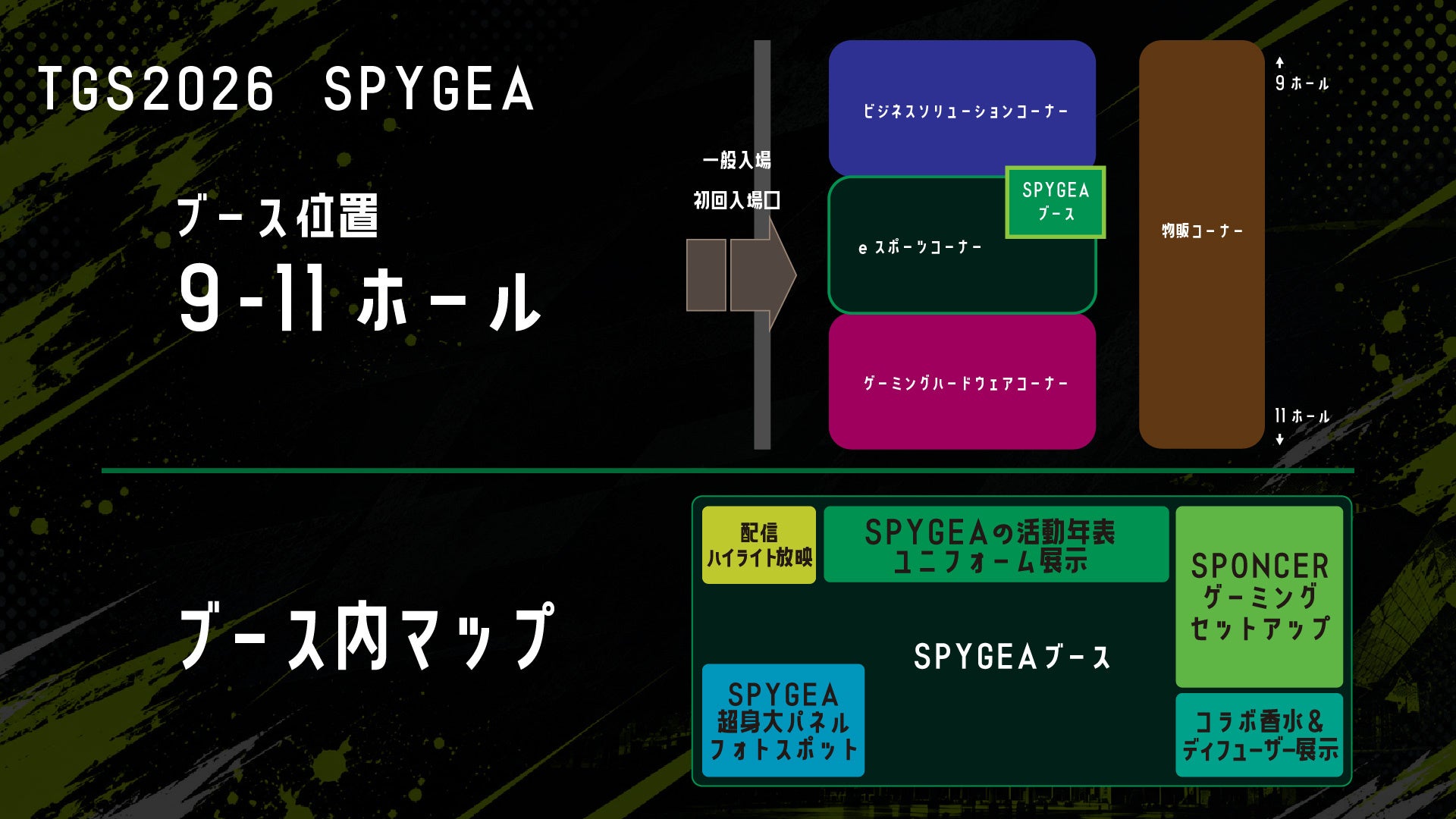 東京ゲームショウ2026のSPYGEAブース位置と年表・撮影パネル・展示の配置図。