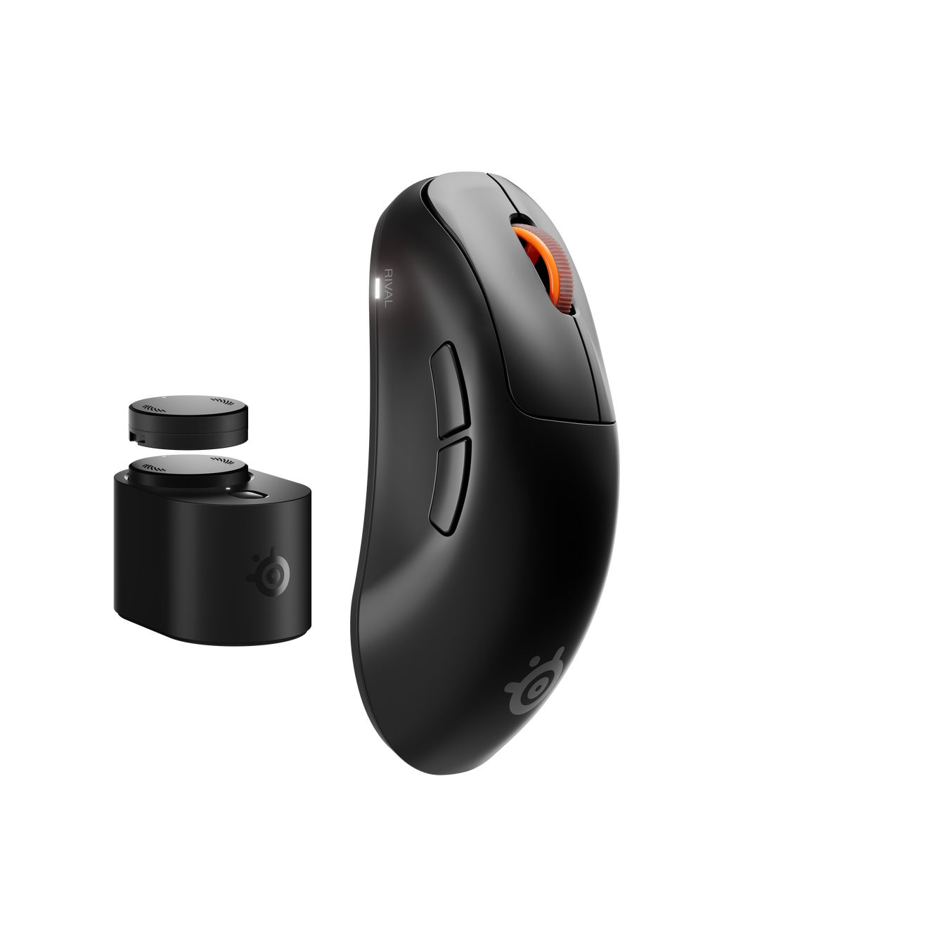 SteelSeries Rival Pro Blackの側面と充電ベース、交換バッテリーの製品写真