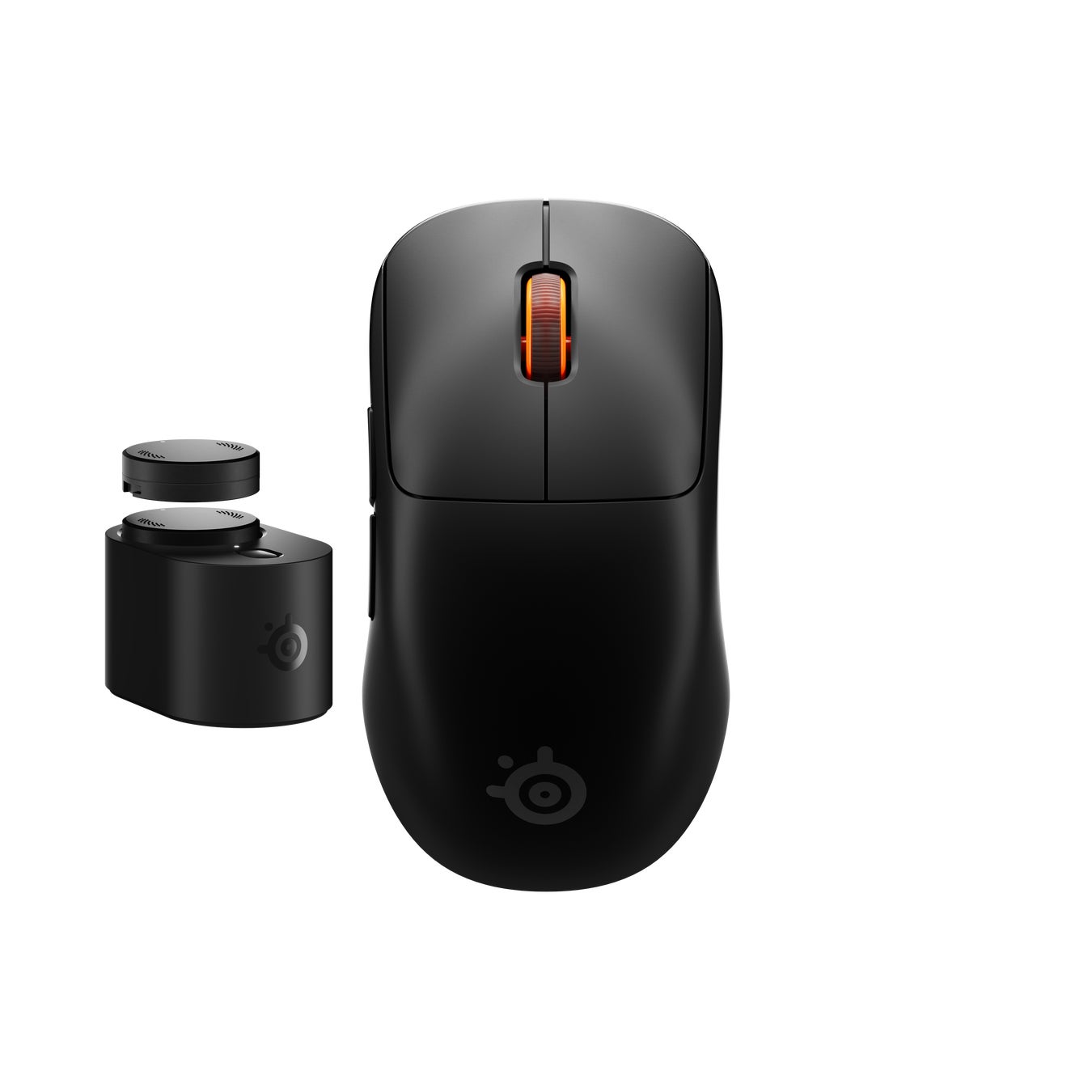 SteelSeries Sensei Pro Blackの上面と充電ベース、交換バッテリーの製品写真