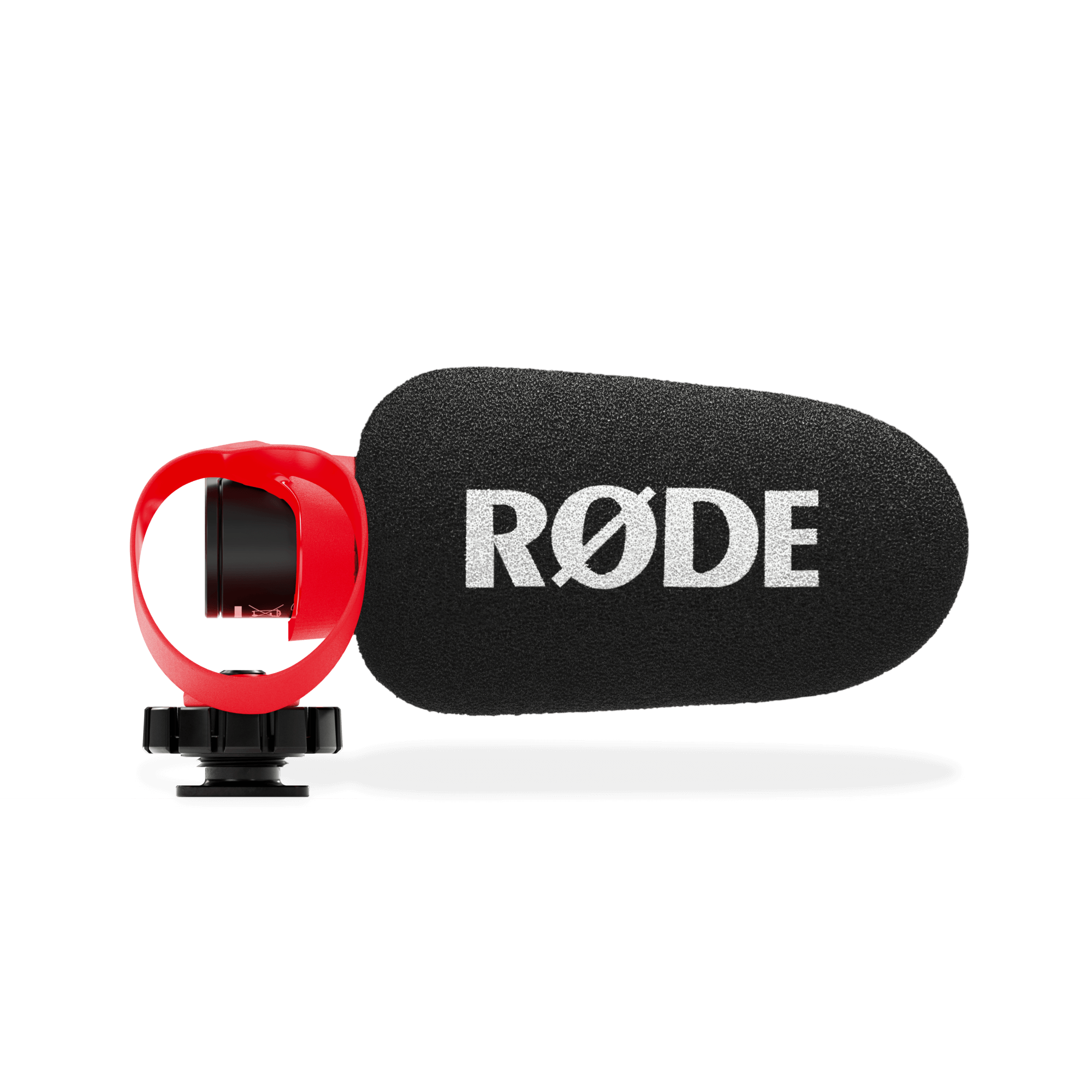 フォーム風防を付けたVideoMicro IIの側面。黒い本体を赤いHELIXマウントが支えています。 写真：RØDE。